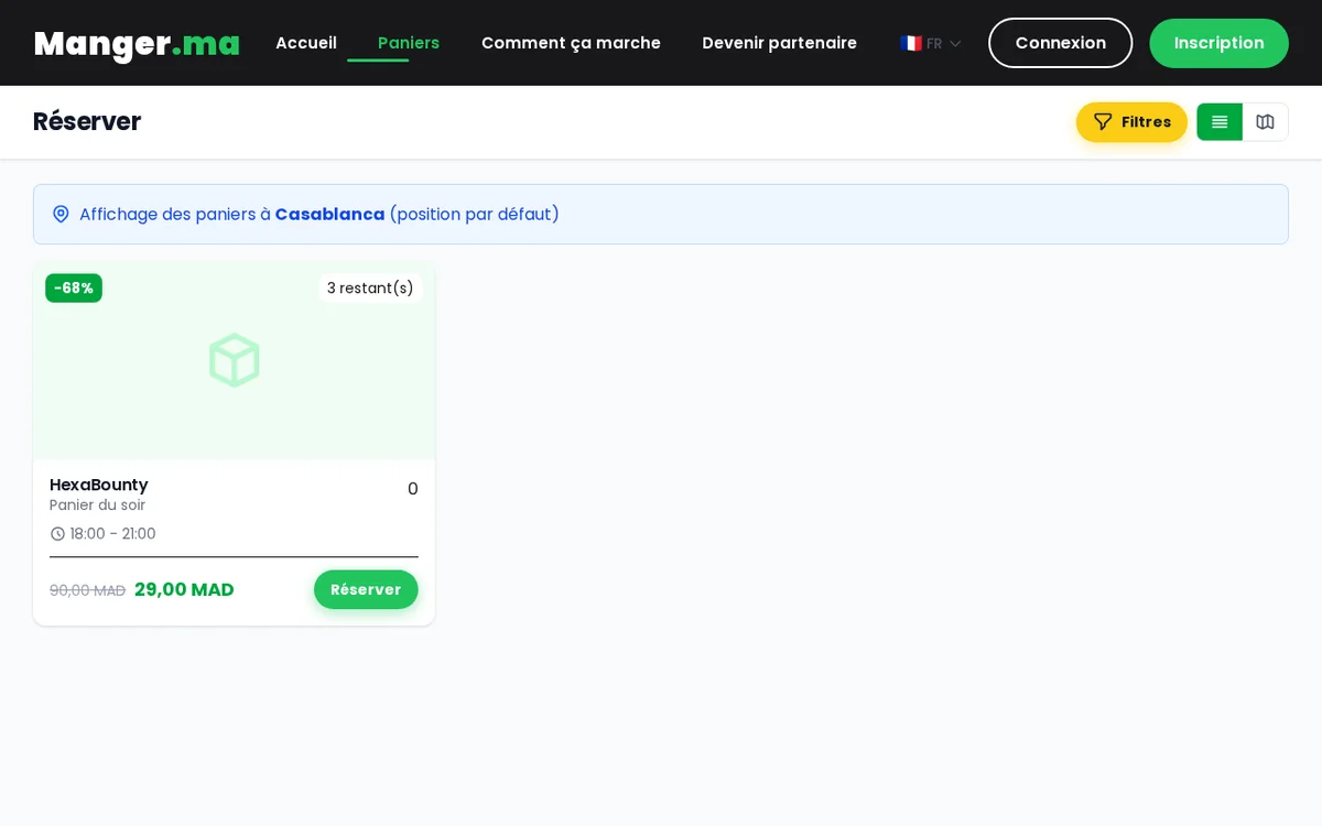 Page de recherche des paniers avec filtres et carte