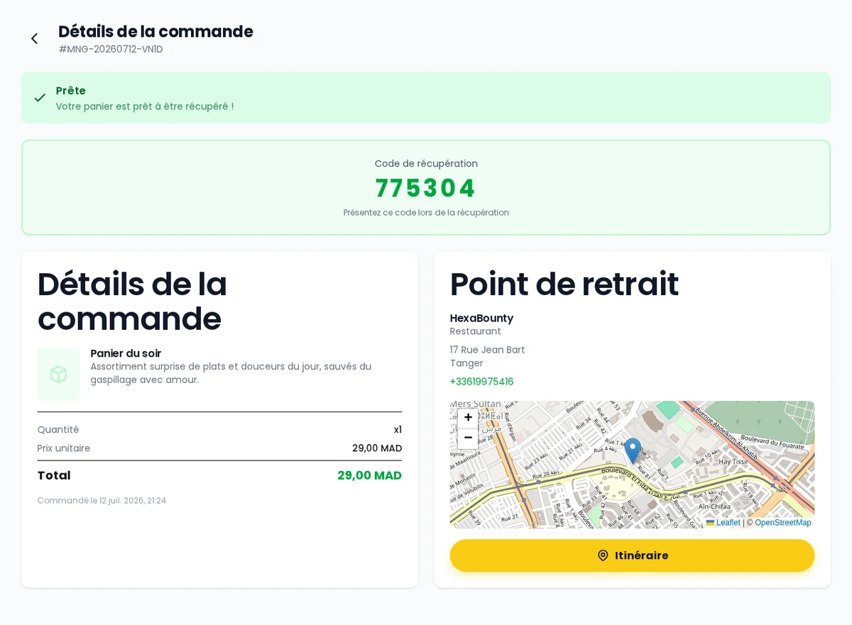 Page de commande avec le code de retrait à 6 chiffres et la carte du point de retrait