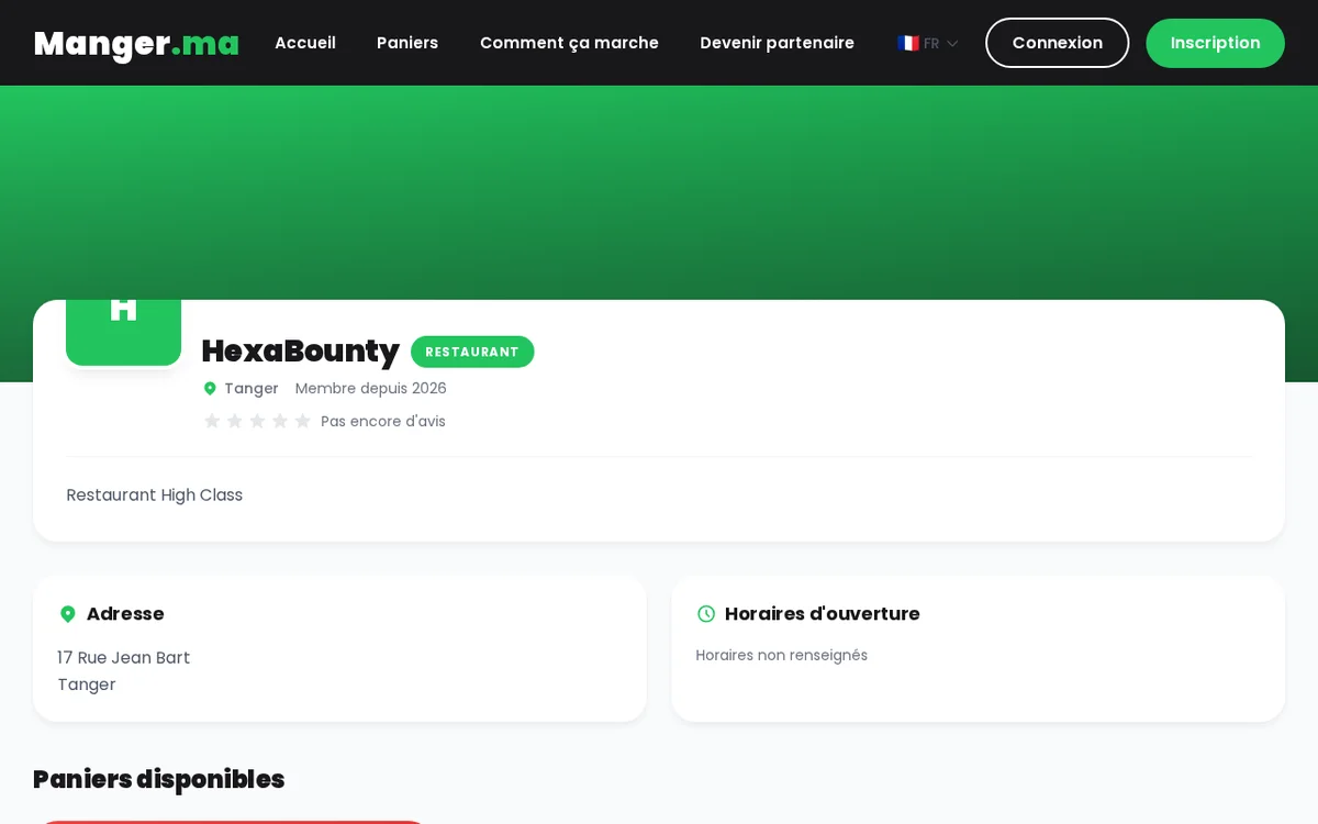 Page publique d'un commerçant avec ses paniers, ses horaires et ses avis